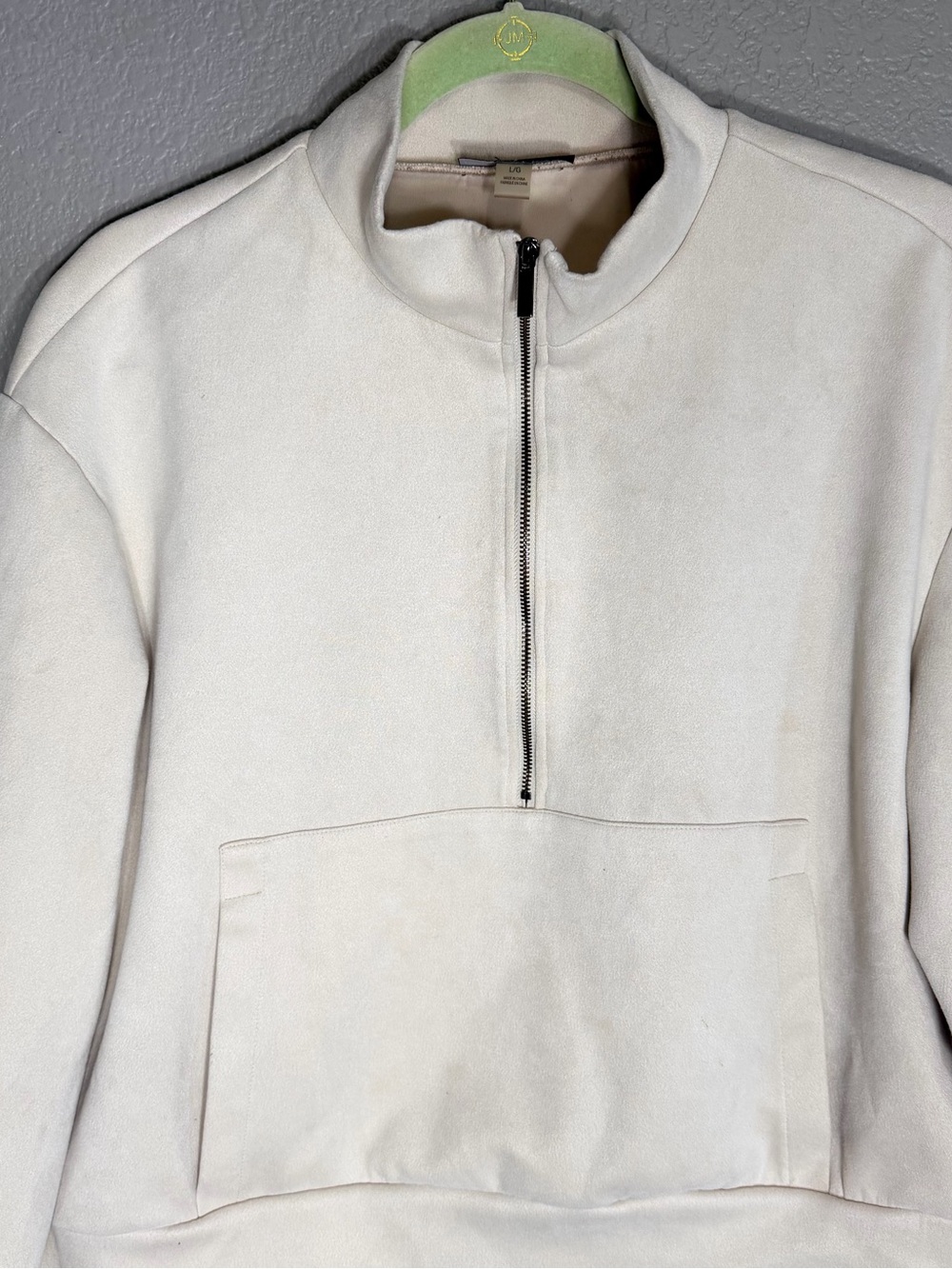 Cream Quarter Zip Pullover Mock Neck Kangaroo Pocket Sweatshirt L